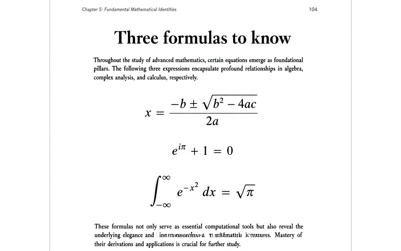 Qwen Image 3 textbook page titled Three formulas to know, with the quadratic formula, Euler’s identity and the Gaussian integral typeset correctly.
