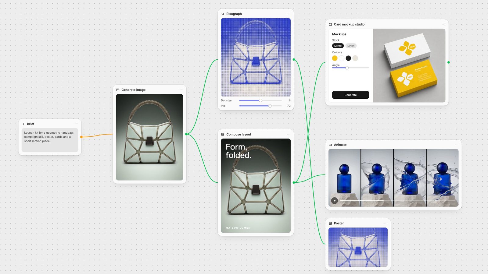 Fuser canvas: one brief becomes a campaign still, a risograph poster, a card-mockup app, a headline layout and a motion piece.