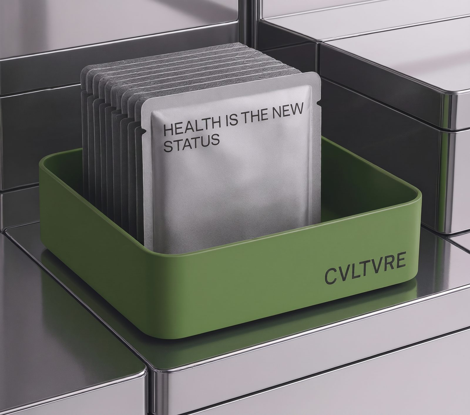 Brand packaging concept with silver Health Is the New Status sachets in a green CVLTVRE tray.