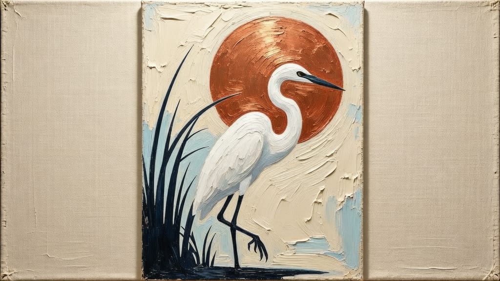 Heron composition transformed into thick impasto brushwork while retaining its silhouette and sun placement.