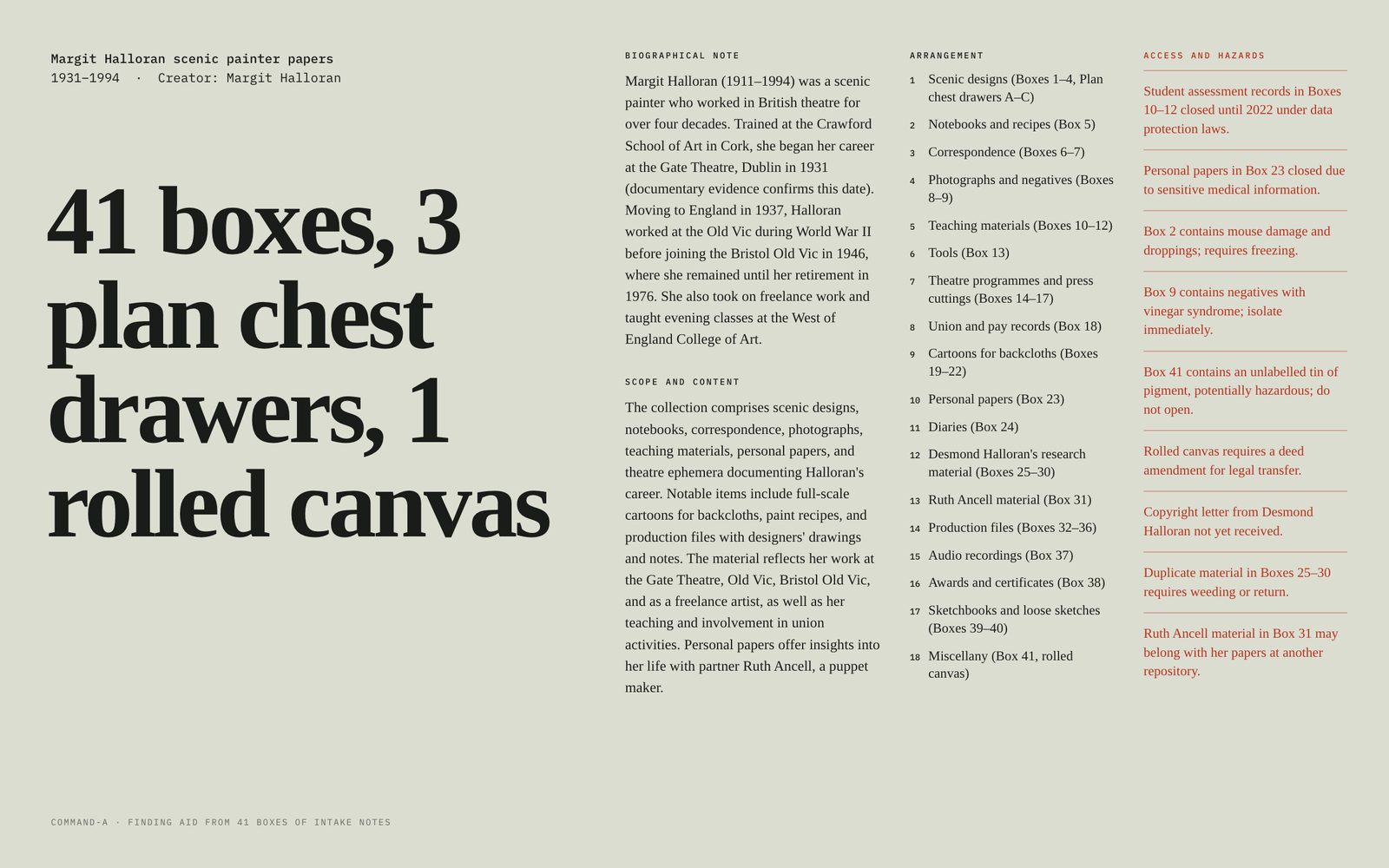 Archive finding aid for a scenic painter's papers: the extent in large serif, then biography, an 18-series arrangement and hazards in red