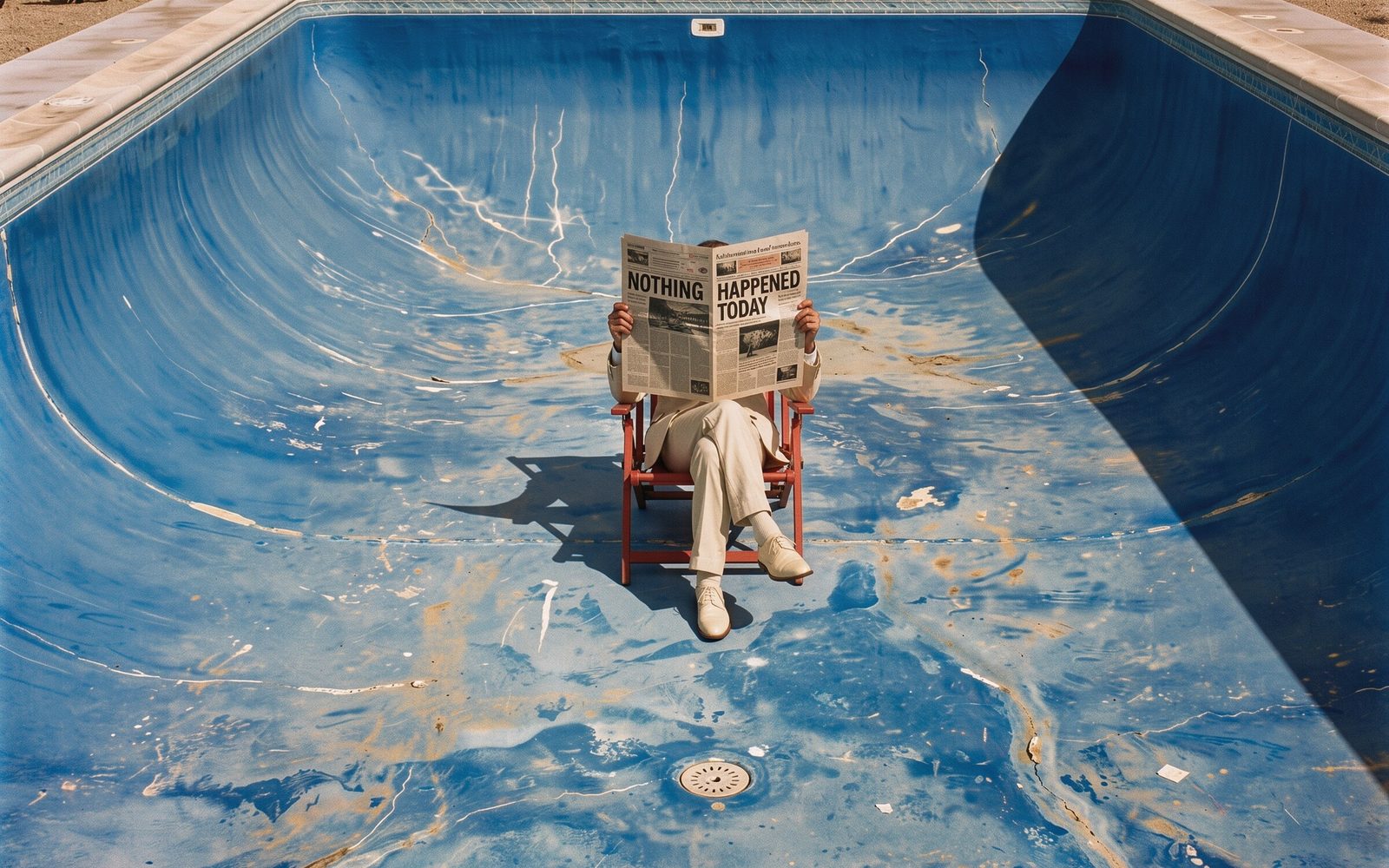 A man in a cream suit on a red deckchair at the bottom of a drained blue swimming pool, reading a newspaper headlined NOTHING HAPPENED TODAY