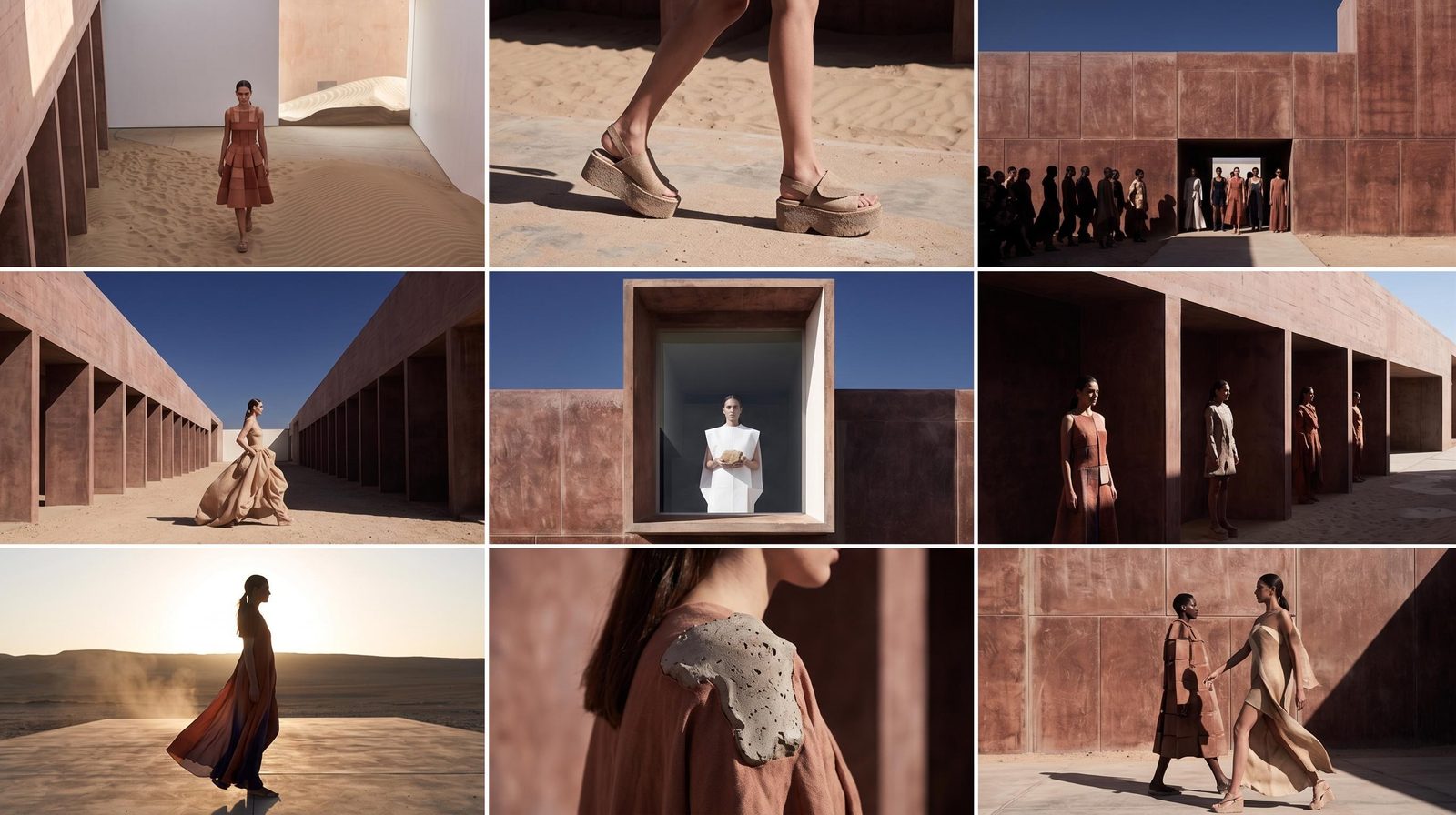 Fashion editorial concept board pairing flowing garments with sunlit desert architecture and warm stone surfaces.