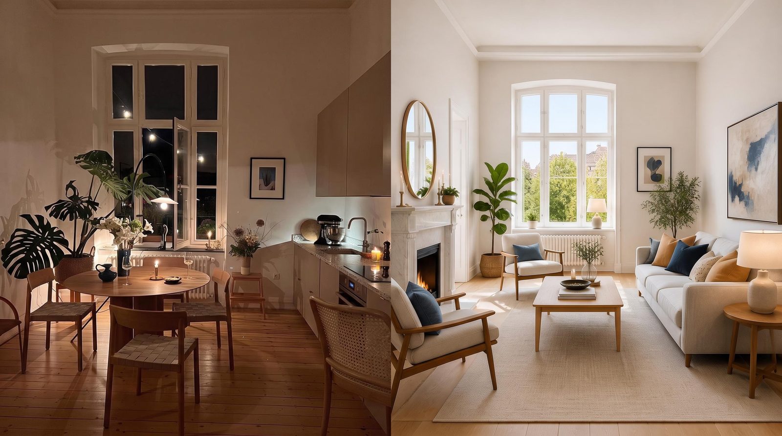 Side-by-side interior concepts comparing the same living room in daylight and evening lighting.