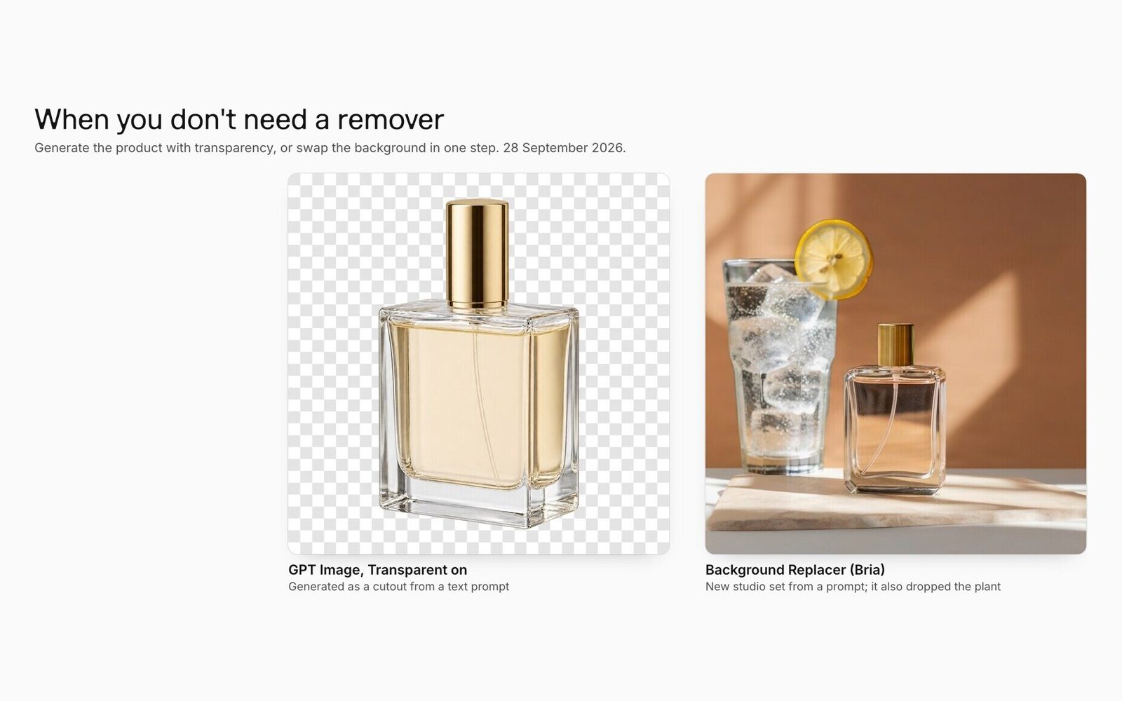 A transparent-background perfume bottle generated by GPT Image, and the glassware photo on a new stone plinth from Bria Background Replacer, which also removed the plant.