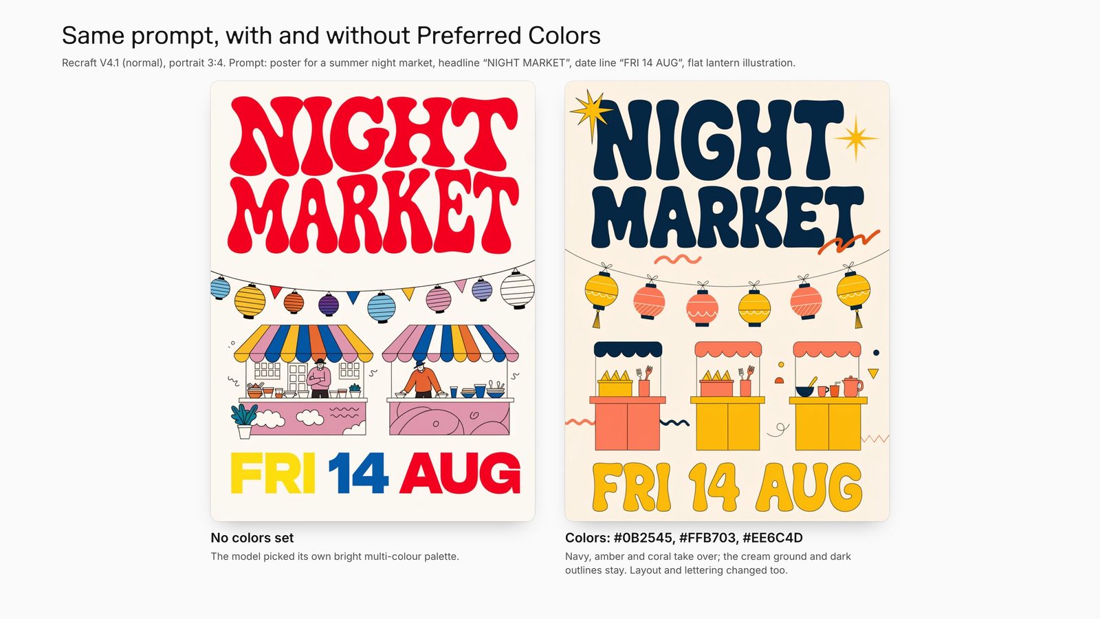 Two Recraft V4.1 night market posters from the same prompt: one with the model's own red and multicolour palette, one constrained to navy, amber and coral by the Preferred Colors setting.