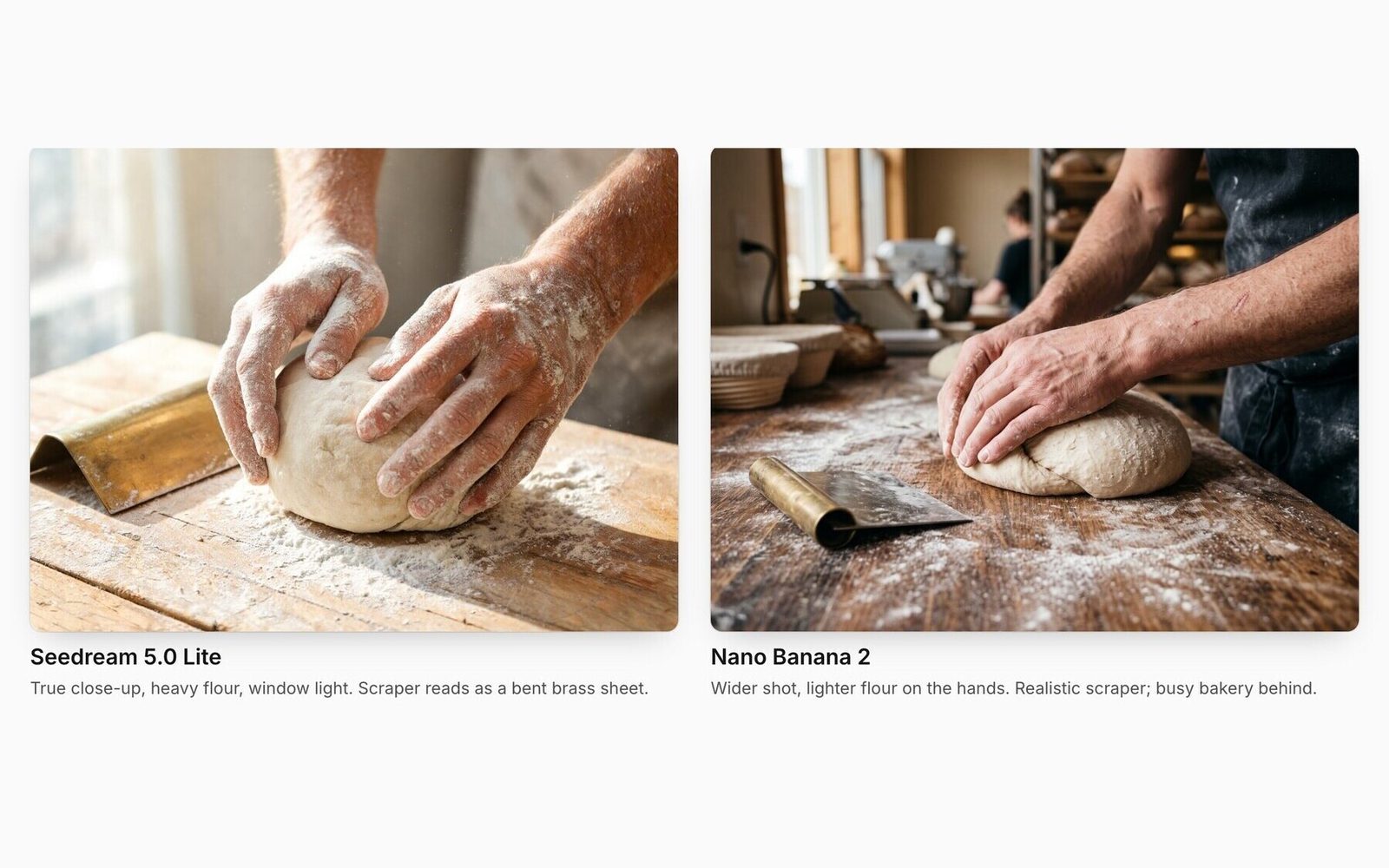Seedream 5.0 Lite and Nano Banana 2 outputs for the same close-up of floured hands shaping sourdough.