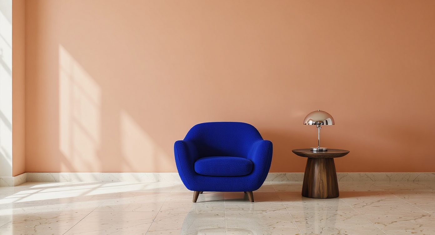Cobalt-blue chair edited into the original apricot room while retaining the table, lamp and perspective.