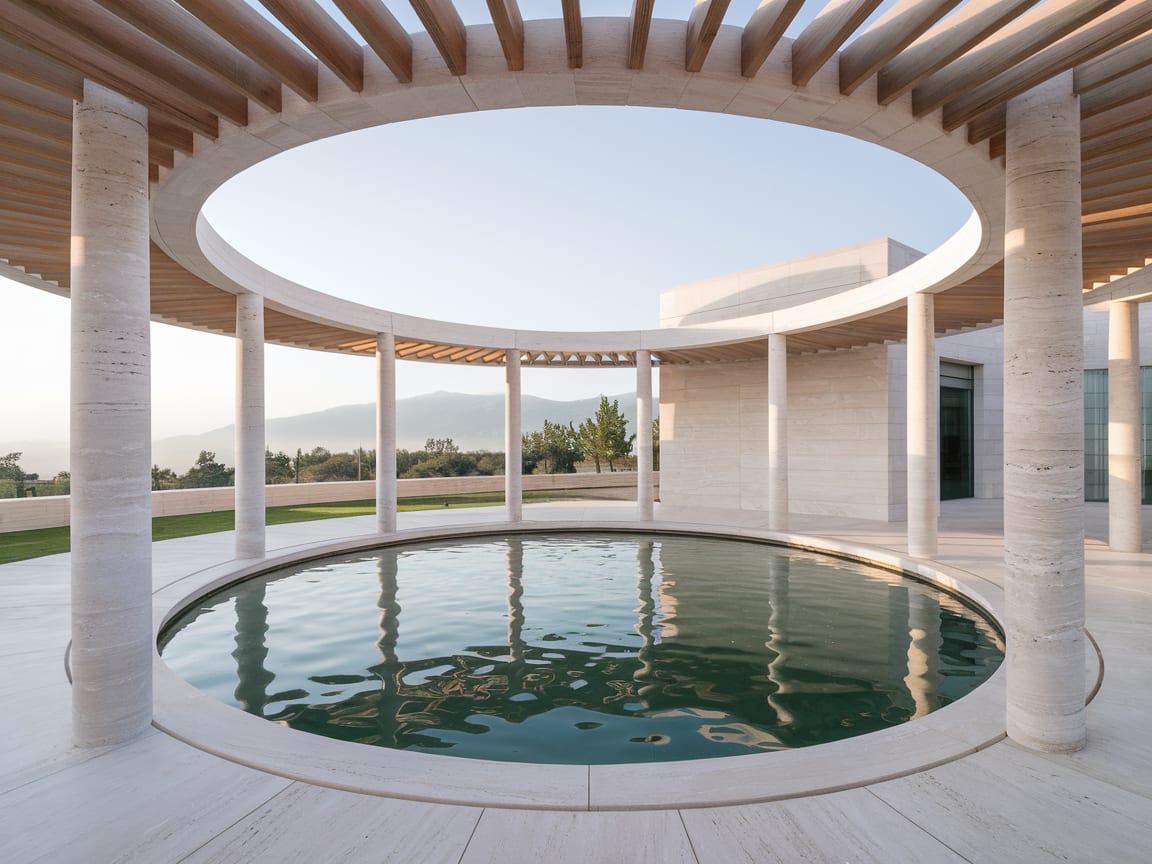 Circular travertine pavilion surrounding a reflecting pool beneath a timber roof.