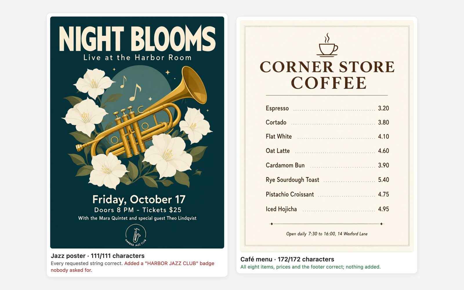 Qwen Image 3 outputs: a teal jazz poster reading Night Blooms and a cream café menu with eight items and prices, both spelled correctly.