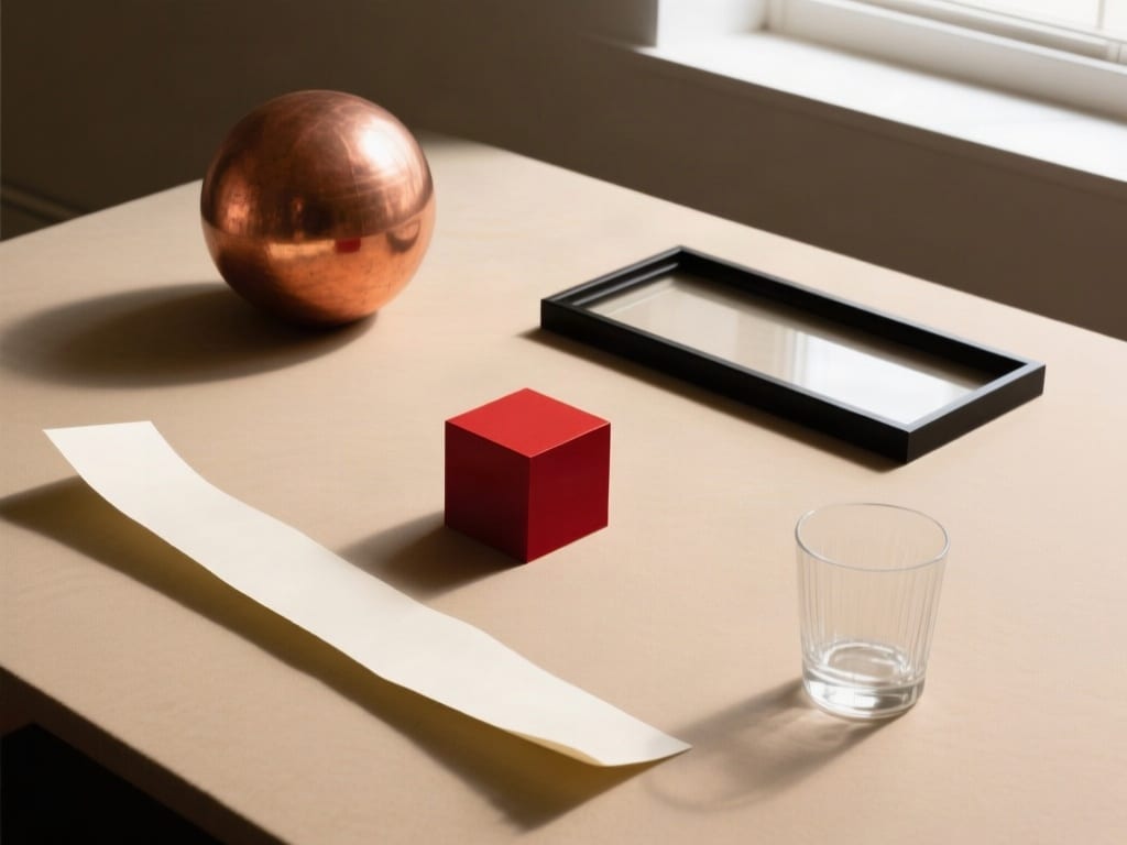 Copper sphere, black frame, red cube, ivory paper and clear glass arranged in a spatial still life.
