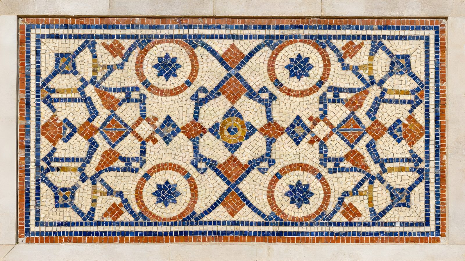 Detailed geometric ceramic mosaic enlarged four times with ESRGAN tile size set to 256.