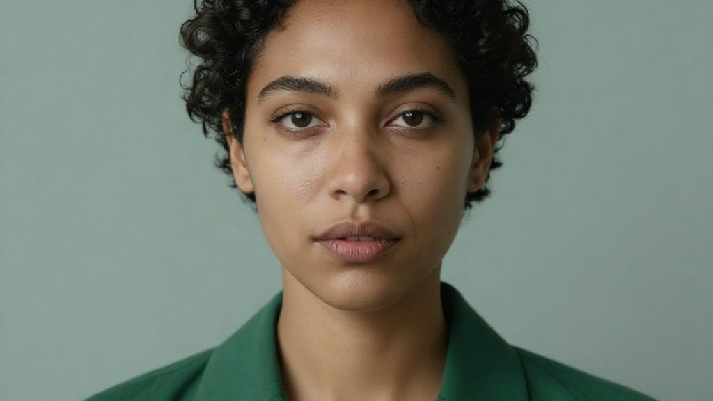 Skin Enhancer portrait of a curly-haired woman in a green shirt, processed with image strength 0.85.