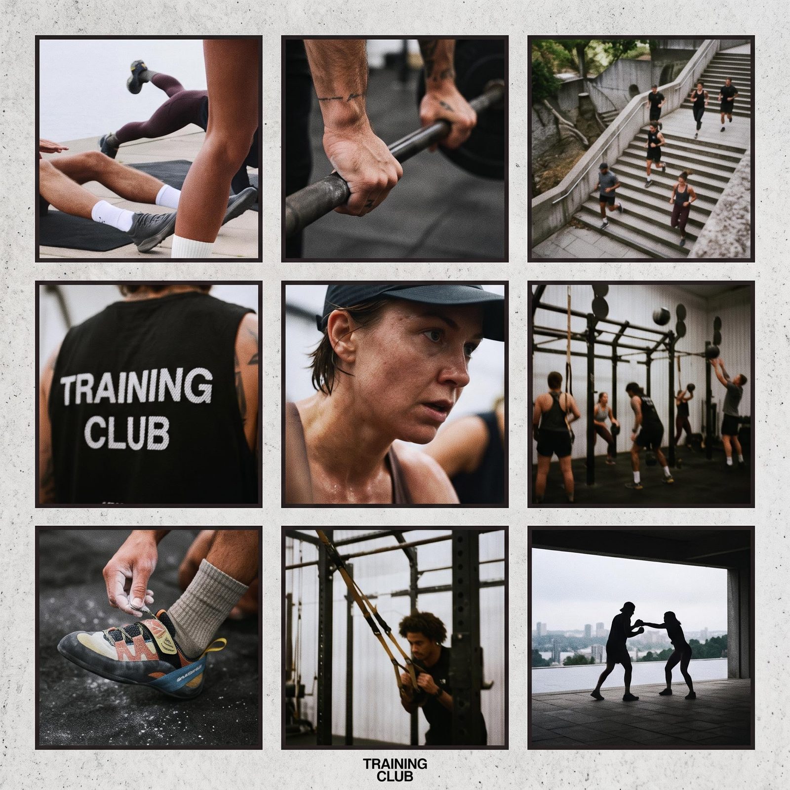 Fitness campaign moodboard combining training details, athletes, outdoor stairs and gym scenes.