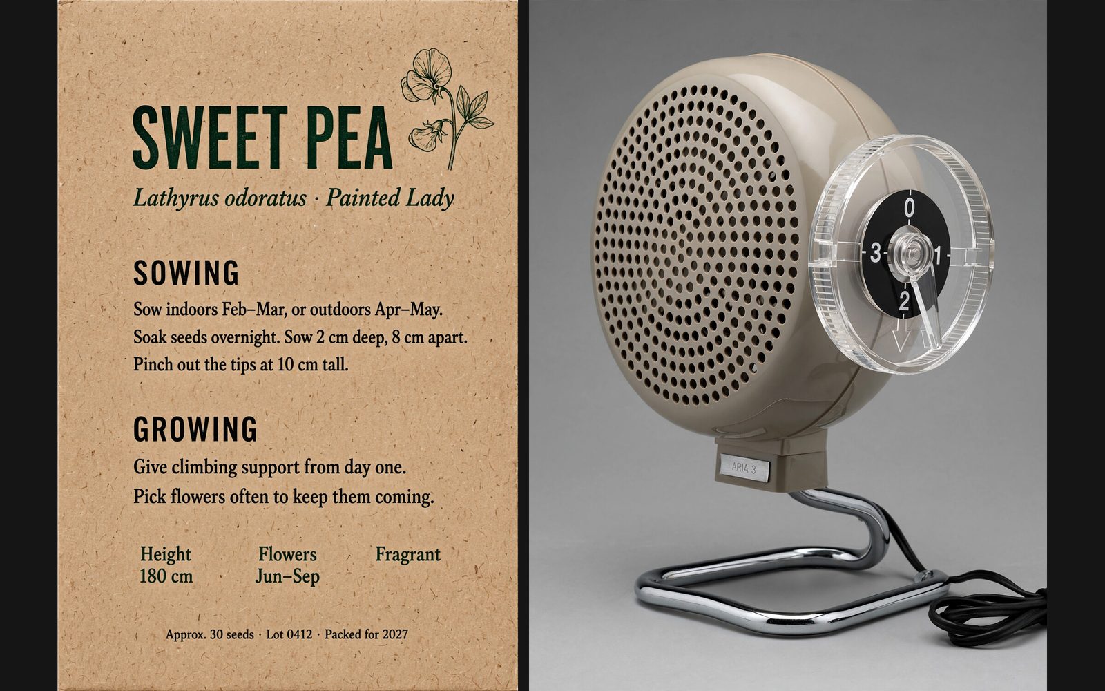 Two Muse Image outputs with exact text: a sweet pea seed packet back with sowing notes, and a 1960s-style desk fan whose speed wheel reads 0 to 3.