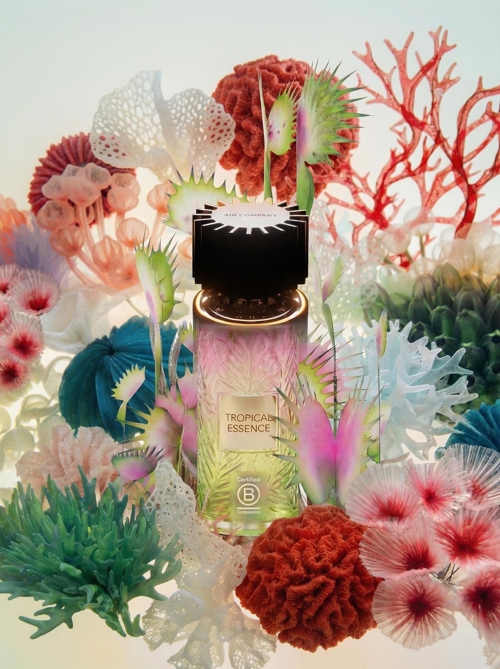 Perfume campaign concept with a bottle surrounded by colorful flowers, coral-like forms and shells.