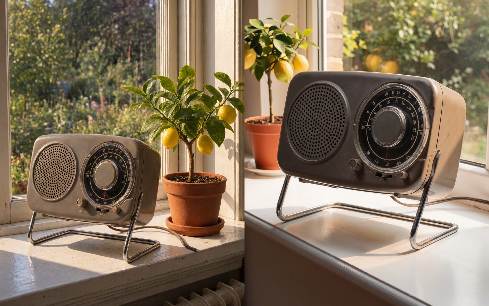 Krea 3 (left) and FLUX.3 Image (right) edits placing the same grey tabletop radio on a sunlit kitchen windowsill beside a potted lemon tree.