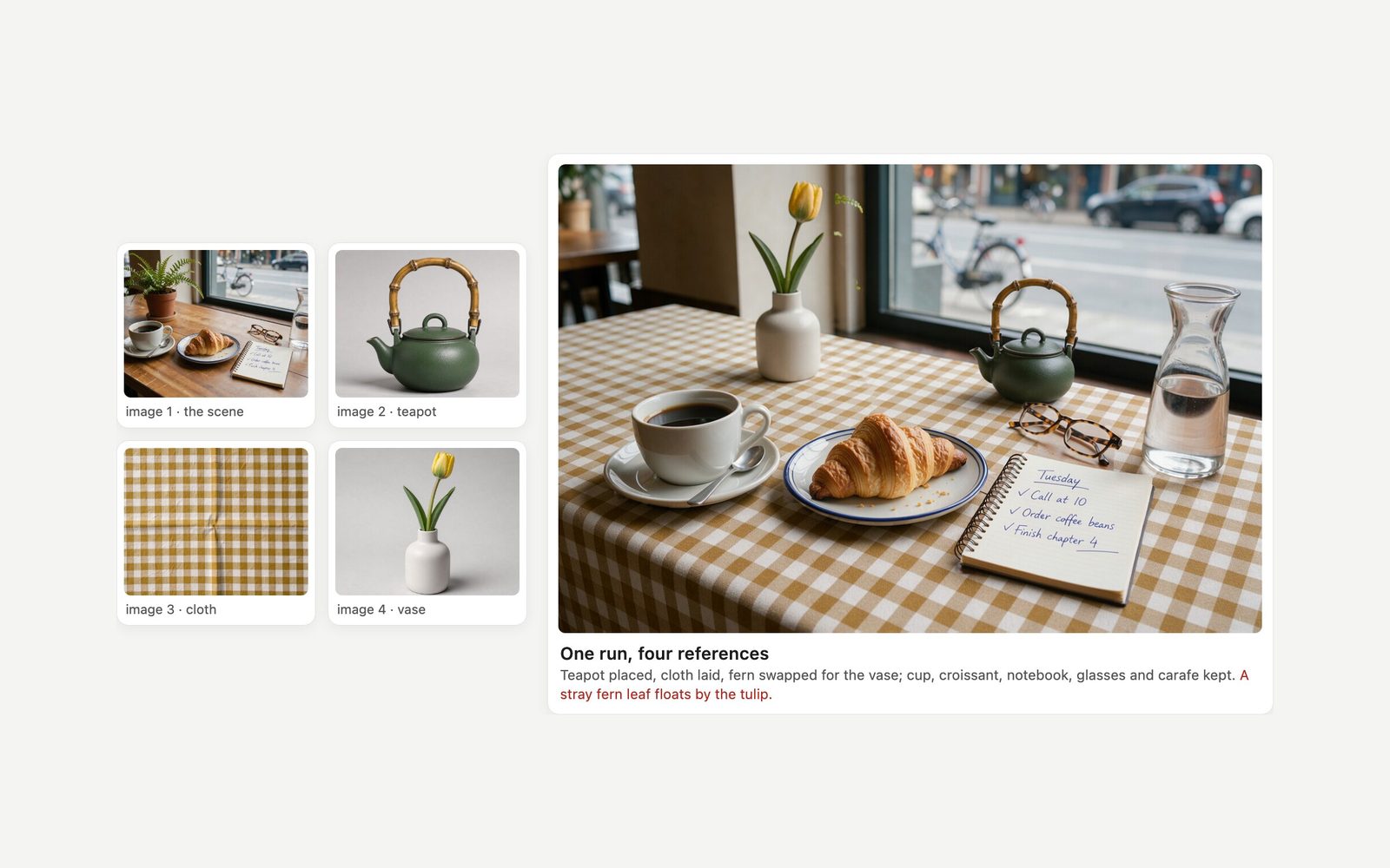 Four reference images (the café scene, a green teapot, a mustard gingham cloth and a white vase with a yellow tulip) and the FLUX.3 Image result combining them on the café table.