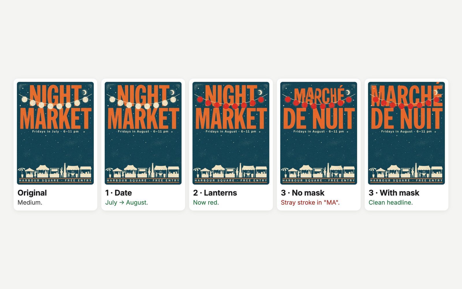 Three Ideogram 4.5 high-precision edits to one poster: date, lantern colour, then a French headline with and without a mask.