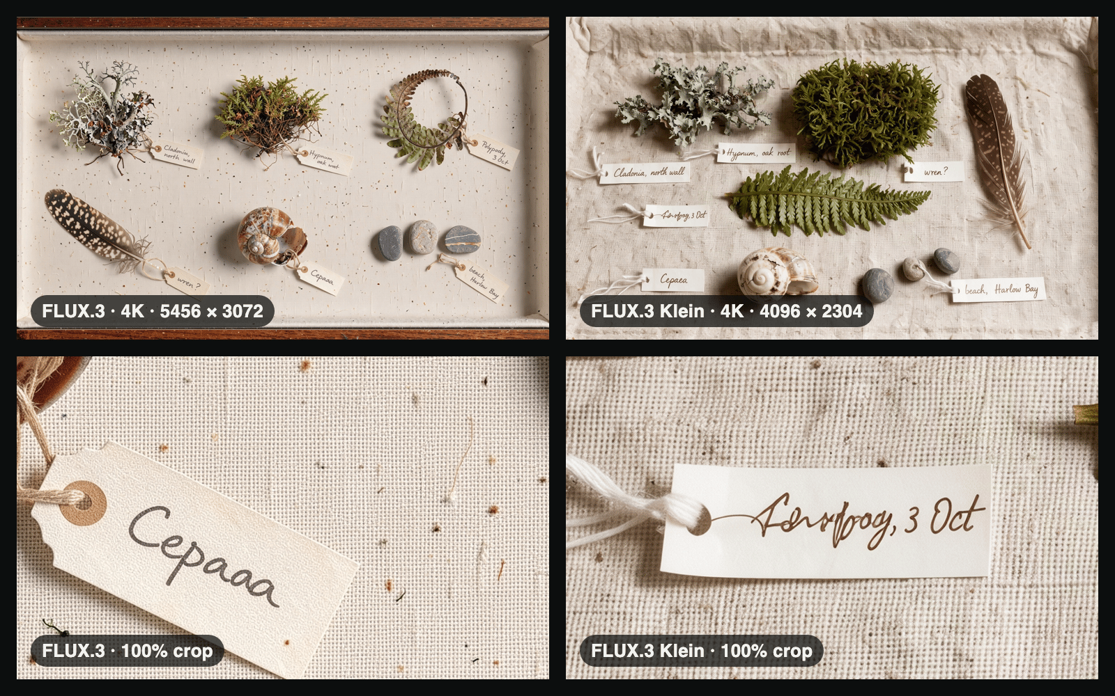 4K test: a naturalist's specimen tray from FLUX.3 and FLUX.3 Klein, with 100% crops showing a misspelled tag on each.