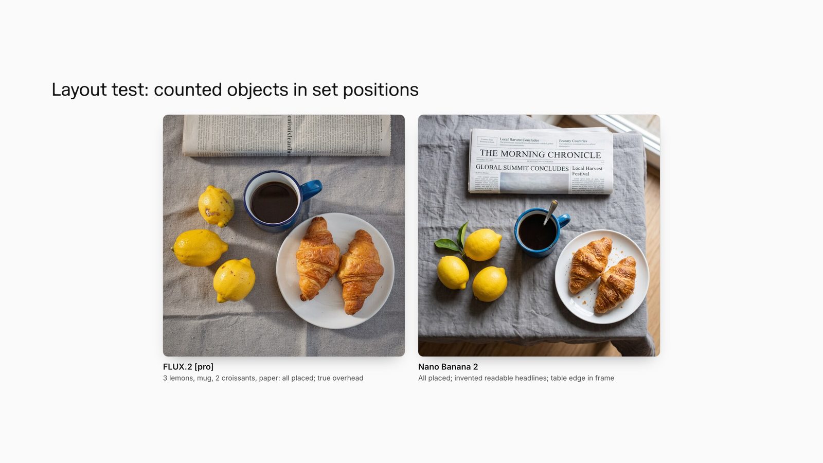 Overhead flat lay with three lemons, a blue enamel mug, two croissants and a newspaper, rendered by FLUX.2 pro and Nano Banana 2.