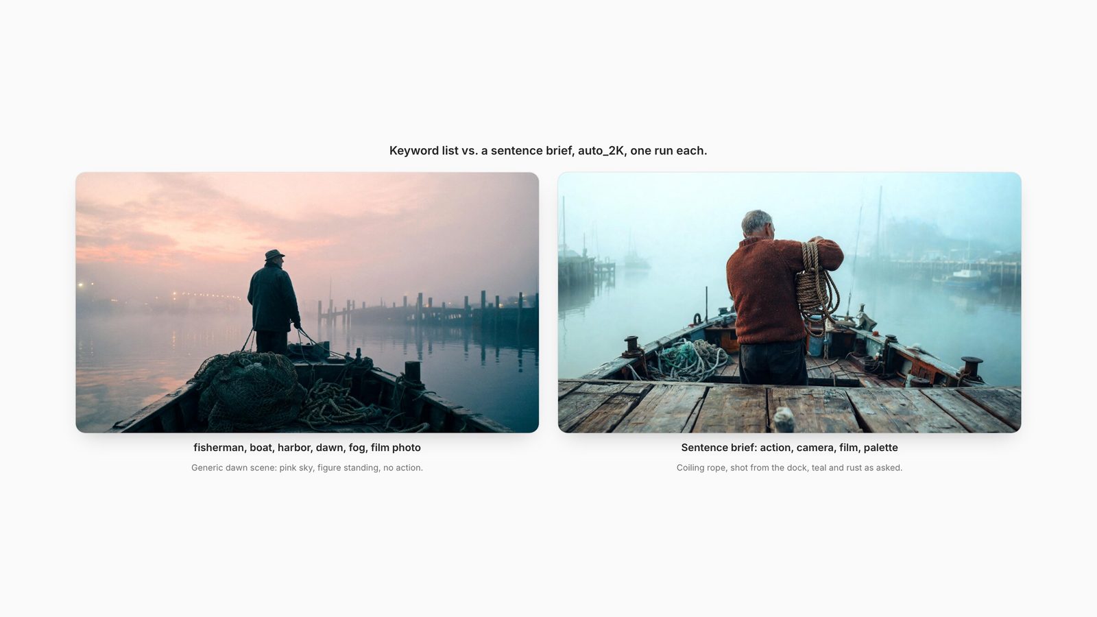 Two Seedream 5.0 Lite harbour images: a keyword prompt gives a generic pink dawn with a standing figure; a sentence prompt gives a fisherman coiling rope in teal and rust fog.