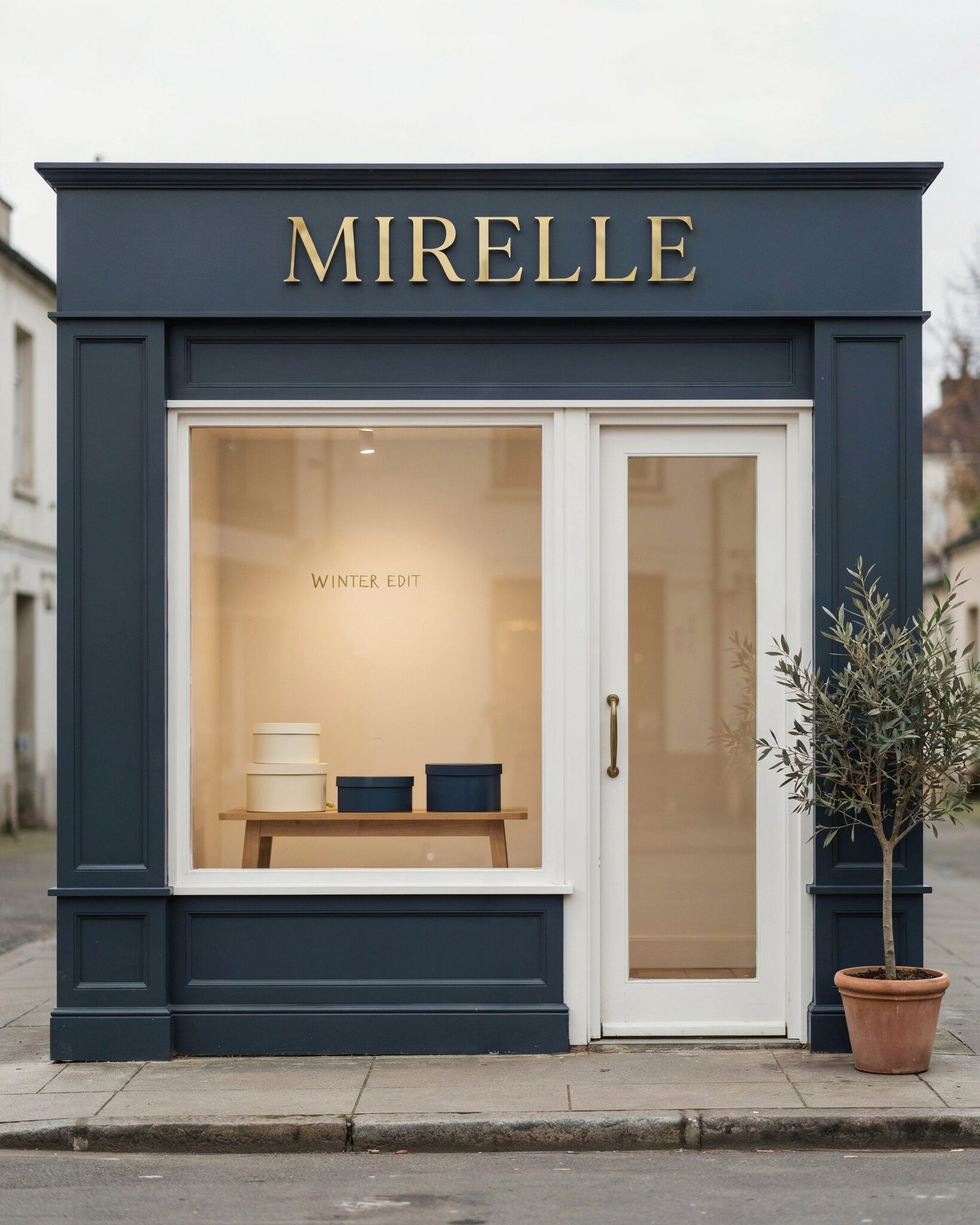 Navy boutique storefront signed MIRELLE; the shop window shows cream and navy hatboxes on a wooden table and gold lettering reading WINTER EDIT
