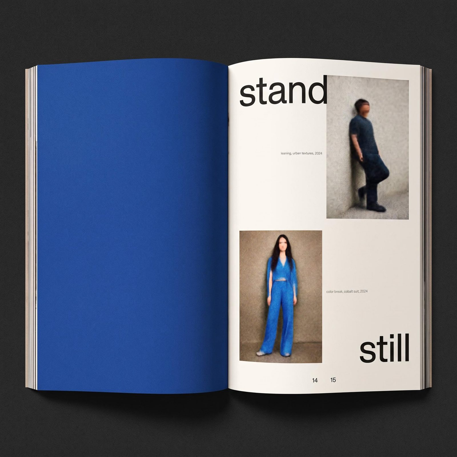 Open fashion magazine concept with a blue left page, model photographs and large stand and still typography.