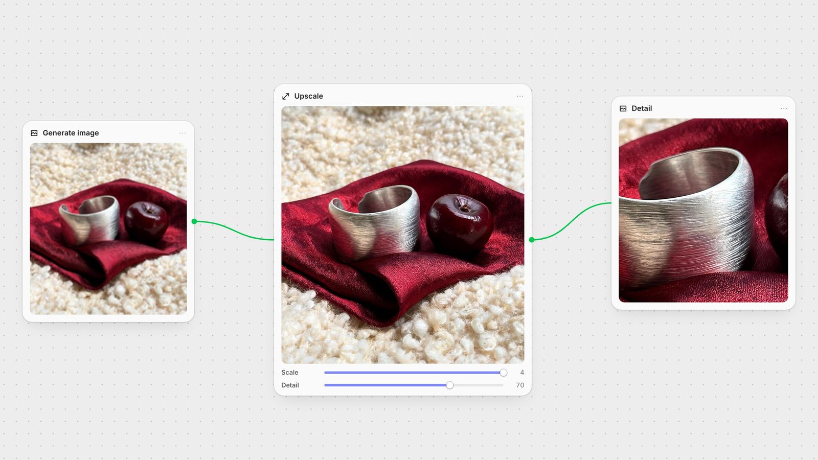 Fuser canvas: a generated image upscaled 4× with detail controls, shown next to a close-up of the sharpened detail.