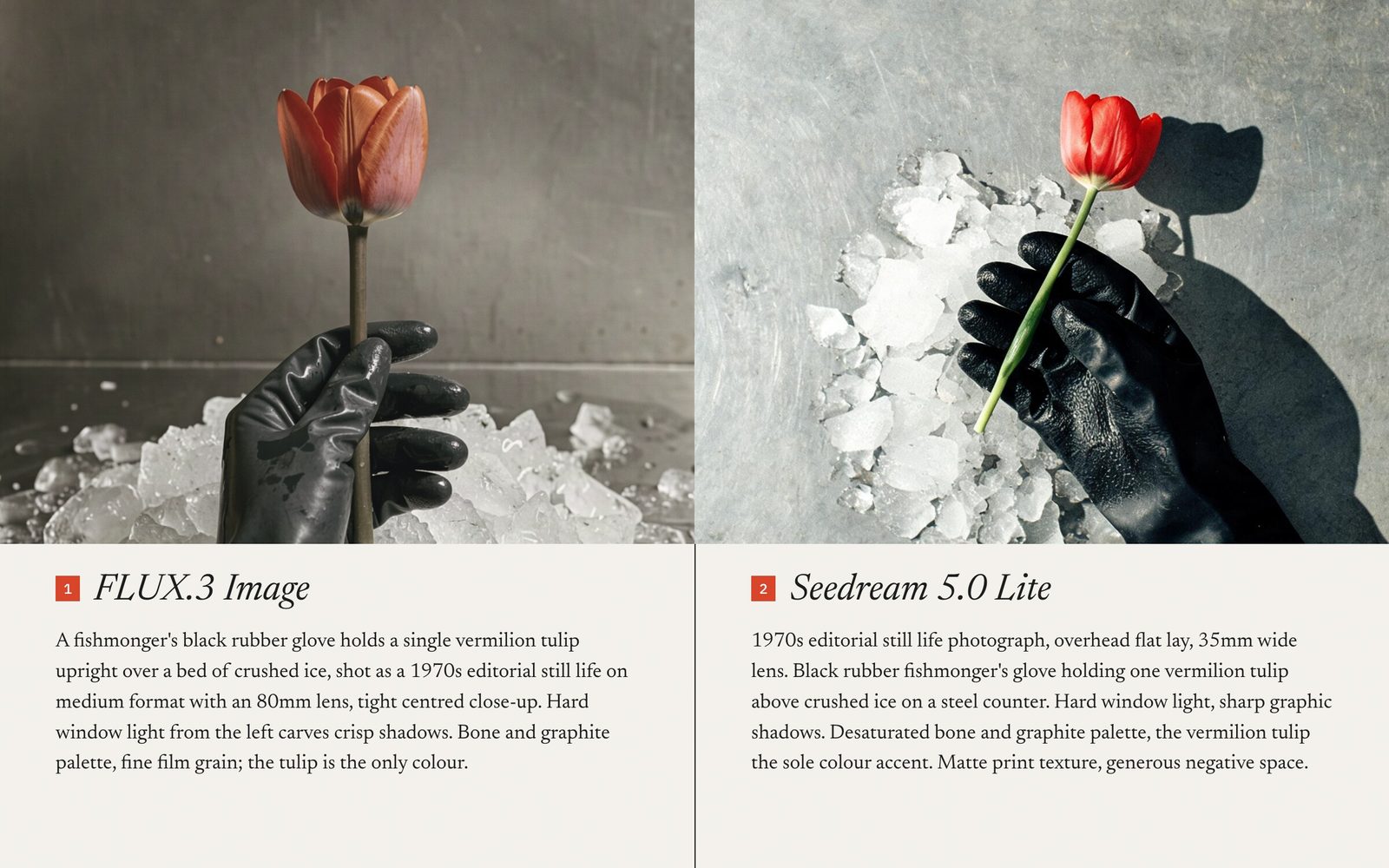 Two full-bleed photos of a black rubber glove holding a red tulip over ice, each above the model-specific prompt that made it