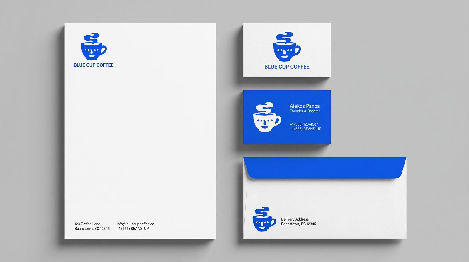 Coffee brand identity concept with blue-and-white stationery, business cards and an envelope.