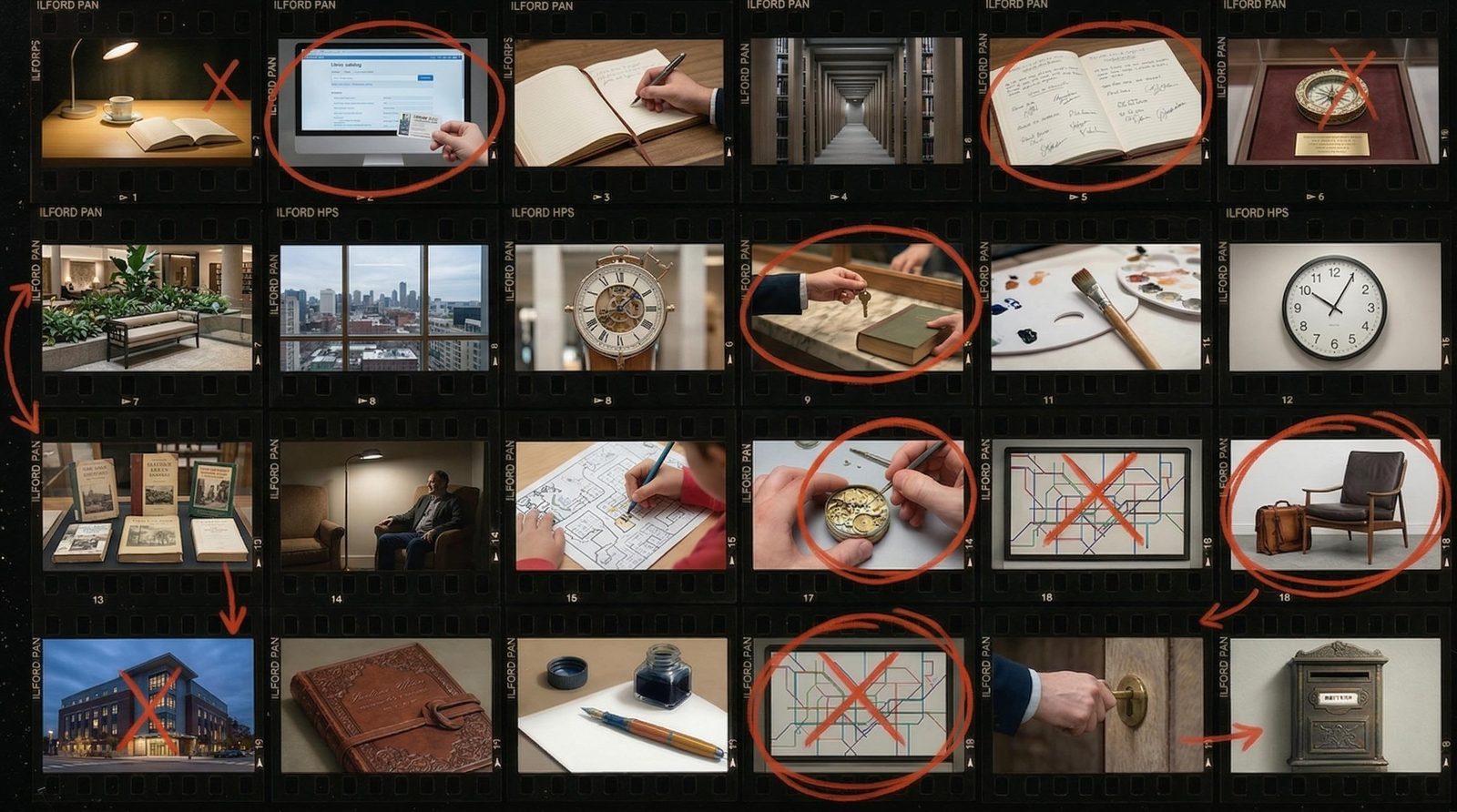 Visual treatment contact sheet of props and locations with red circles, crosses and selection marks.