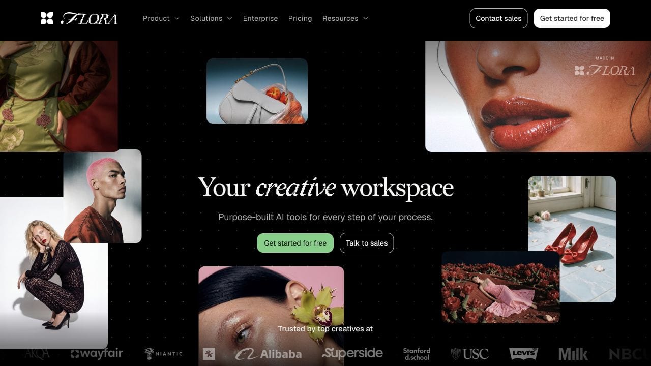 FLORA homepage presenting its creative workspace and example imagery, captured September 15, 2026.