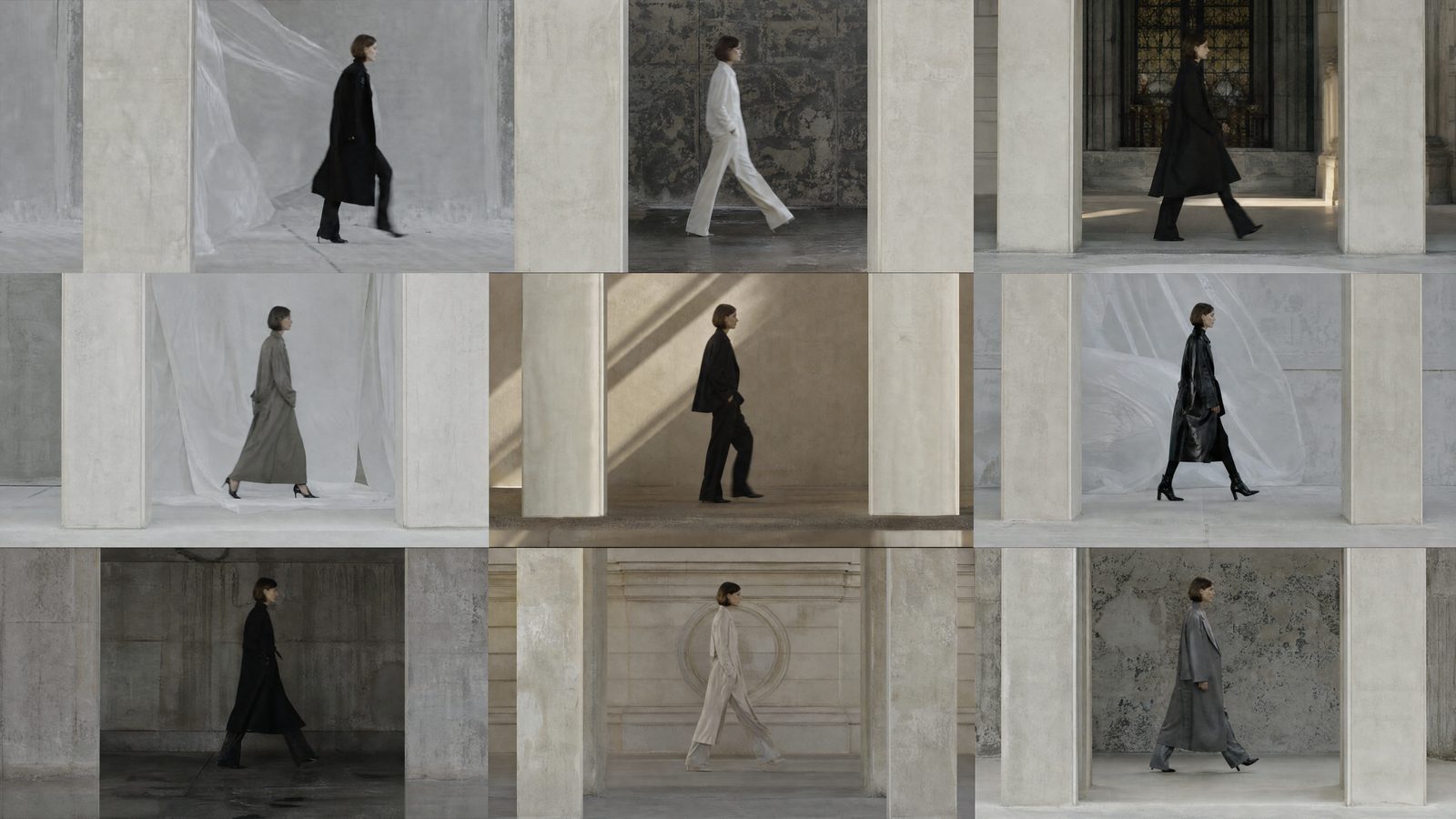 Nine-frame fashion editorial concept showing monochrome outfits against pale stone architectural settings.