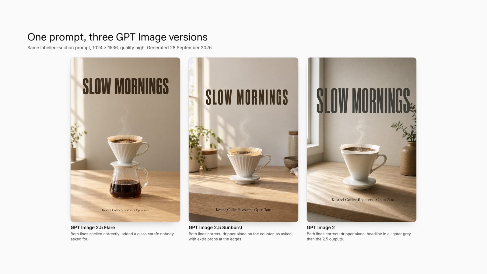 The same coffee poster prompt run on GPT Image 2.5 Flare, GPT Image 2.5 Sunburst and GPT Image 2; all three spell SLOW MORNINGS and the roaster line correctly.