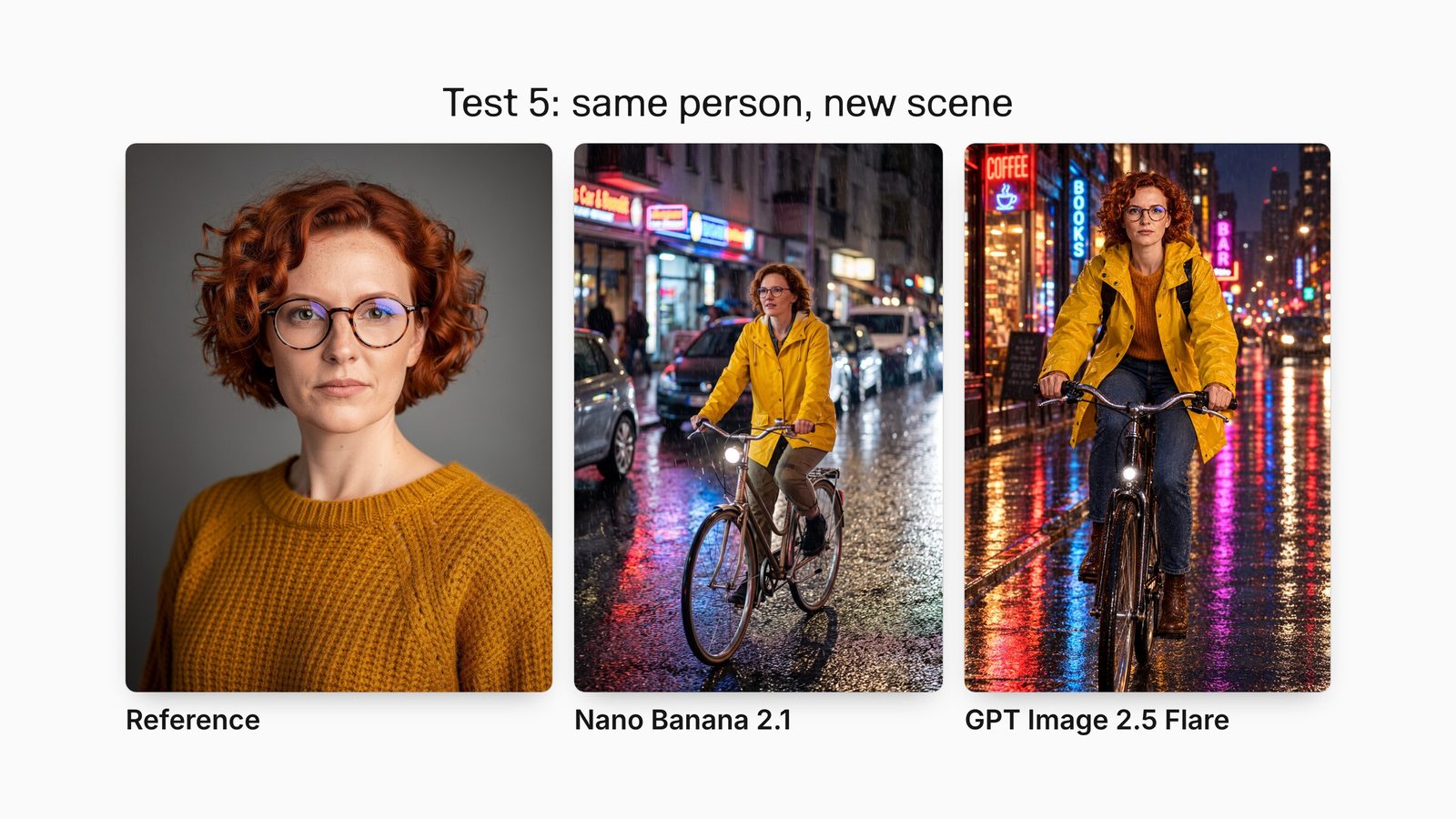 A portrait of a red-haired woman in glasses, and Nano Banana 2.1 and GPT Image 2.5 Flare outputs placing her on a bicycle in a rainy neon street.