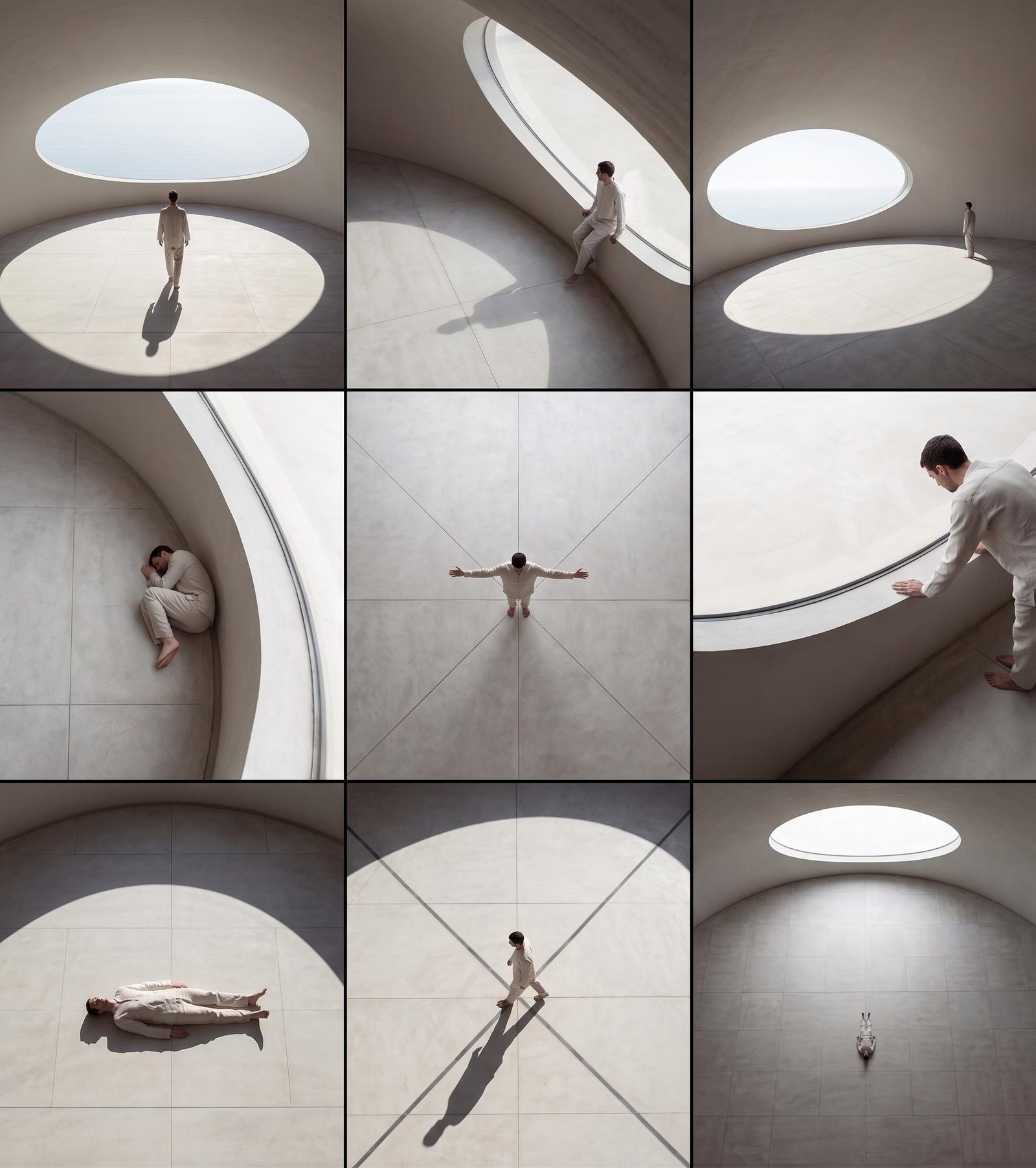 Nine-panel architectural concept board exploring figures, circular skylights and long shadows in minimalist interiors.