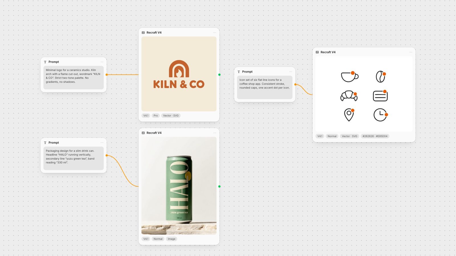 Fuser canvas with three Recraft V4 nodes: a Pro vector logo for Kiln & Co, a normal-mode drink can reading HALO, and a vector coffee-shop icon set, each fed by a prompt node.