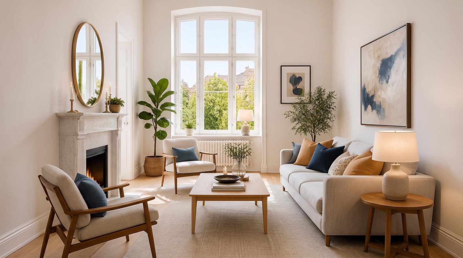 Living-room concept with warm neutral furniture, timber floors and tall sunlit windows.