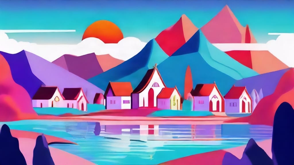 Illustrated coral village beside a turquoise river beneath violet mountains and an orange sun.