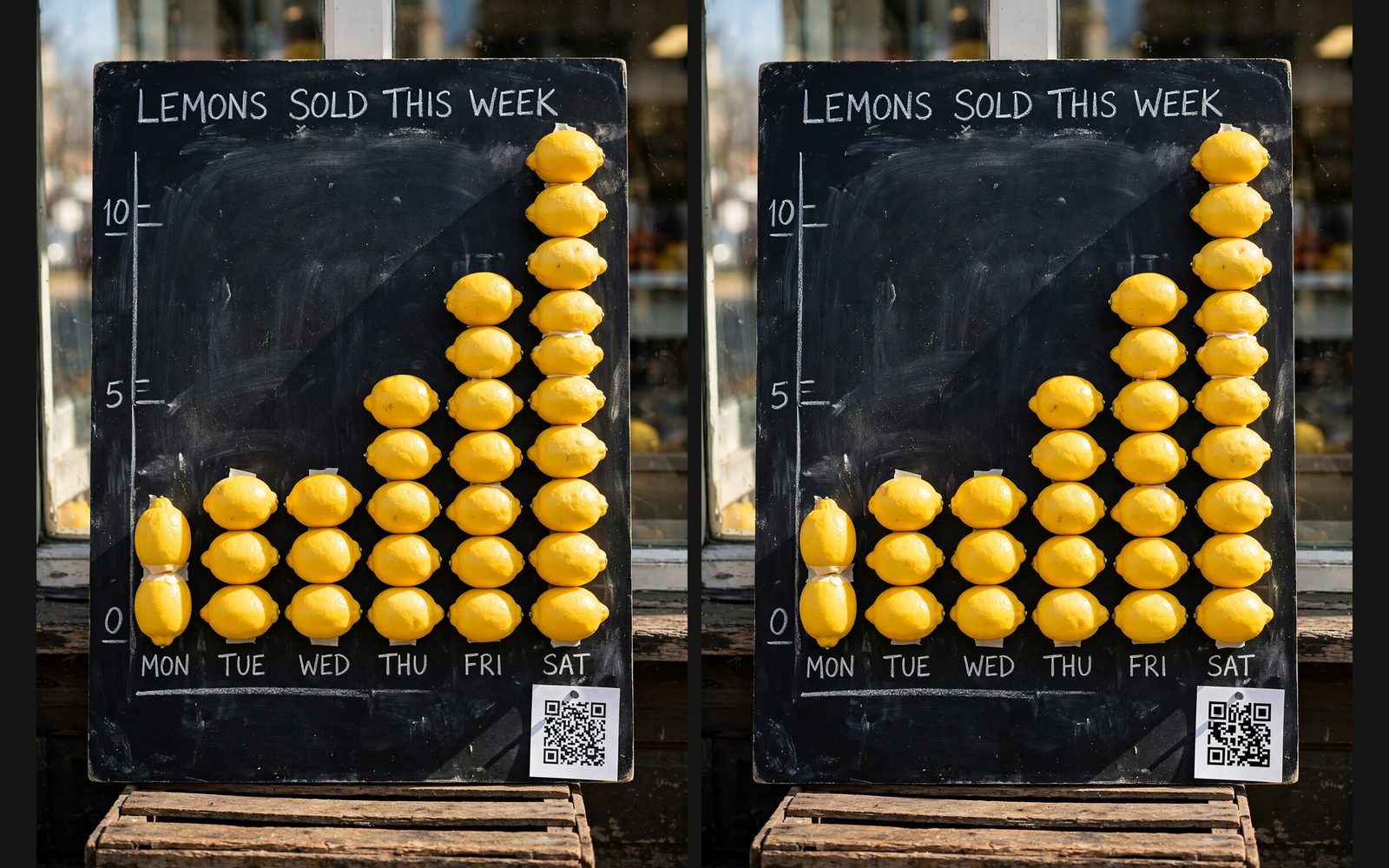 Two Muse Image chalkboard charts of lemons sold this week, each with a QR card: the code Muse invented does not scan; the one copied from a supplied QR does.