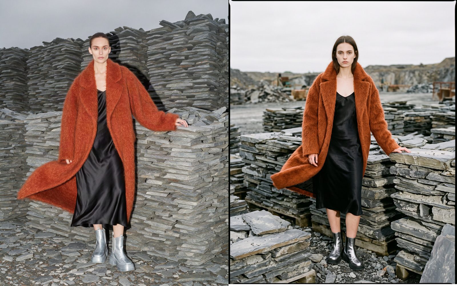 Krea 3 (left) and Nano Banana 2.1 (right) fashion editorials: a model in a rust mohair coat, black satin slip and silver boots among slate stacks.
