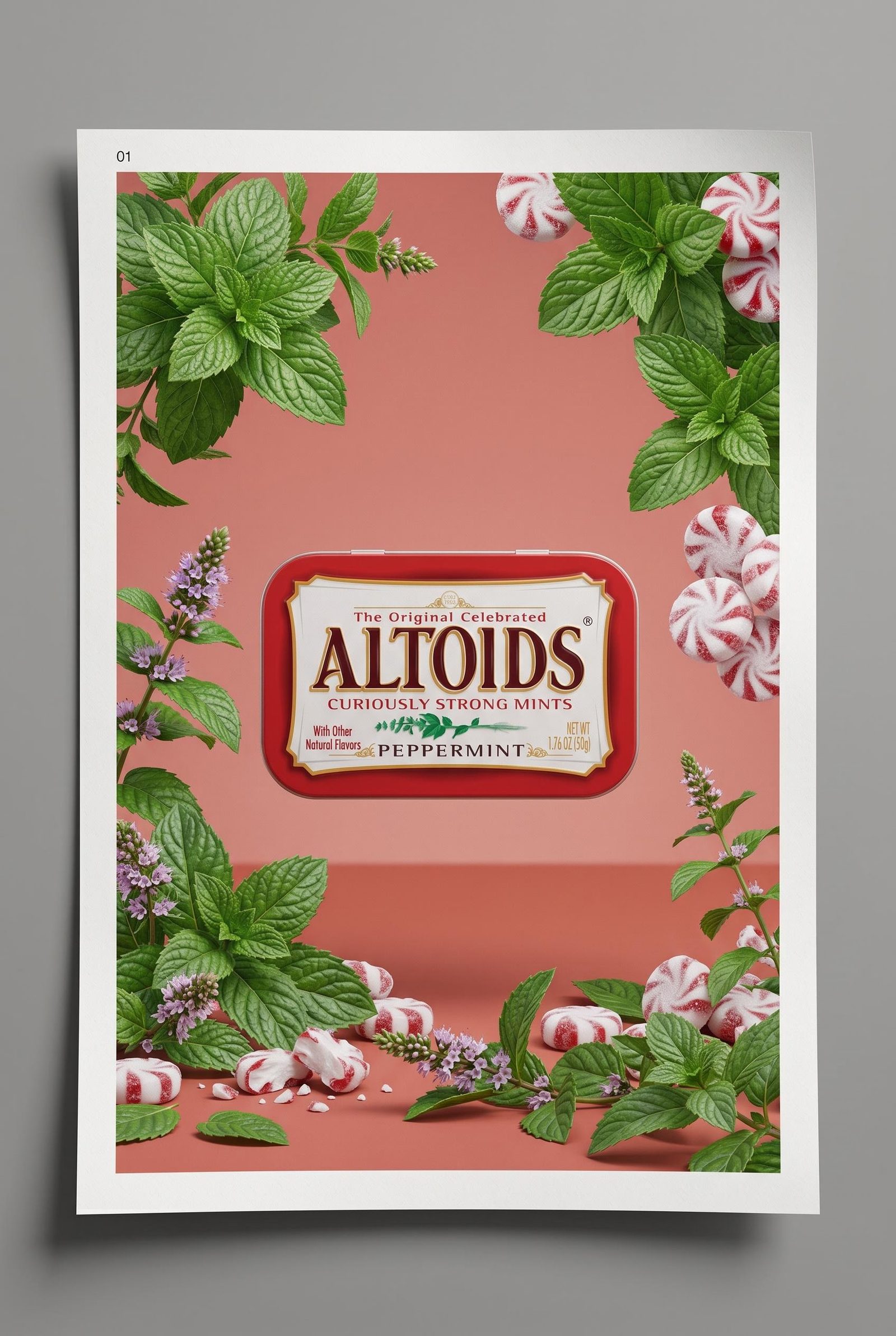 Vintage-style Altoids poster concept with a mint tin, green leaves and small flowers on a coral background.