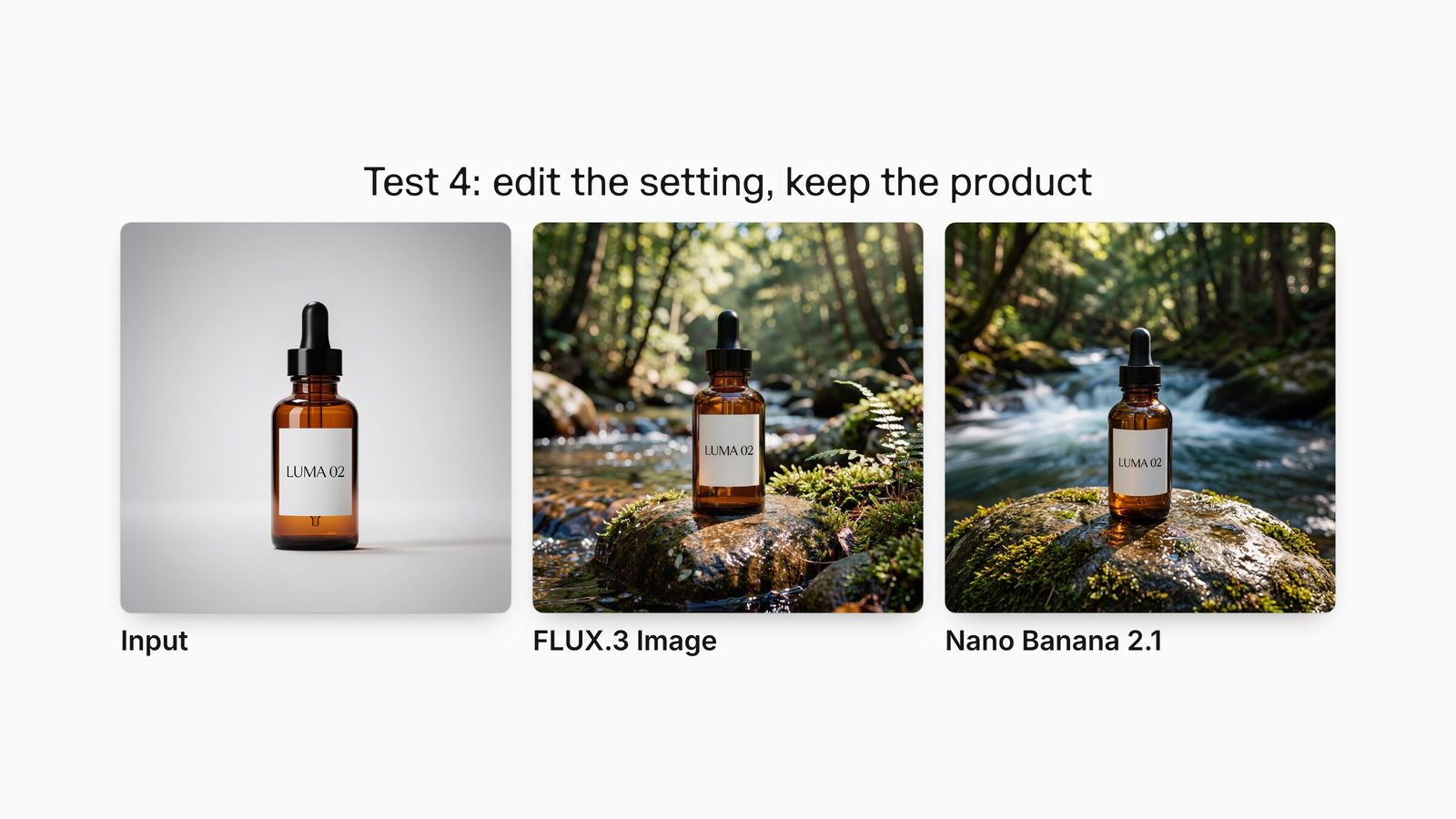 A LUMA 02 amber serum bottle packshot and the FLUX.3 Image and Nano Banana 2.1 edits that place it on a mossy river stone.