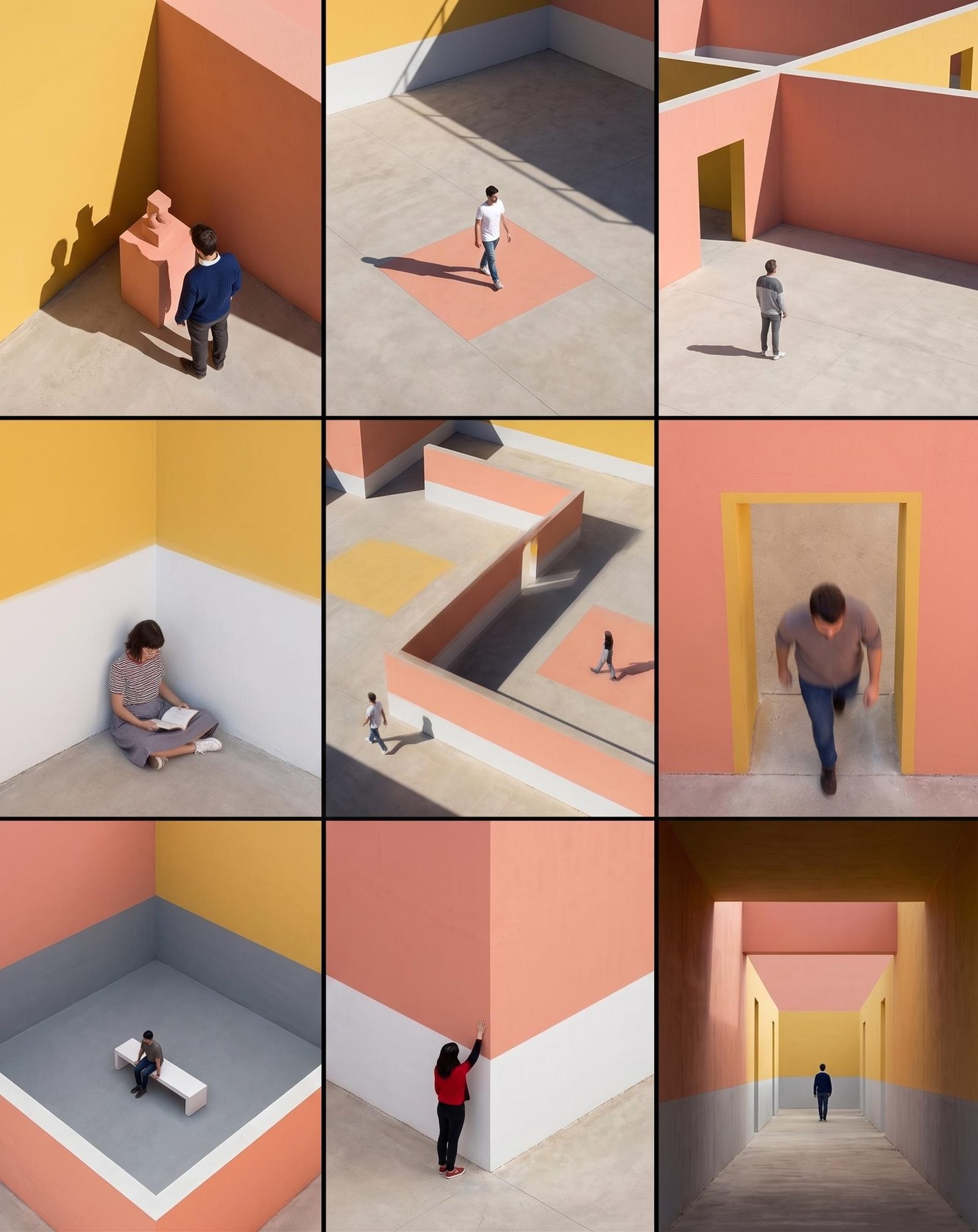 Nine-frame storyboard concept with figures in geometric architectural spaces in warm orange, yellow and pink tones.
