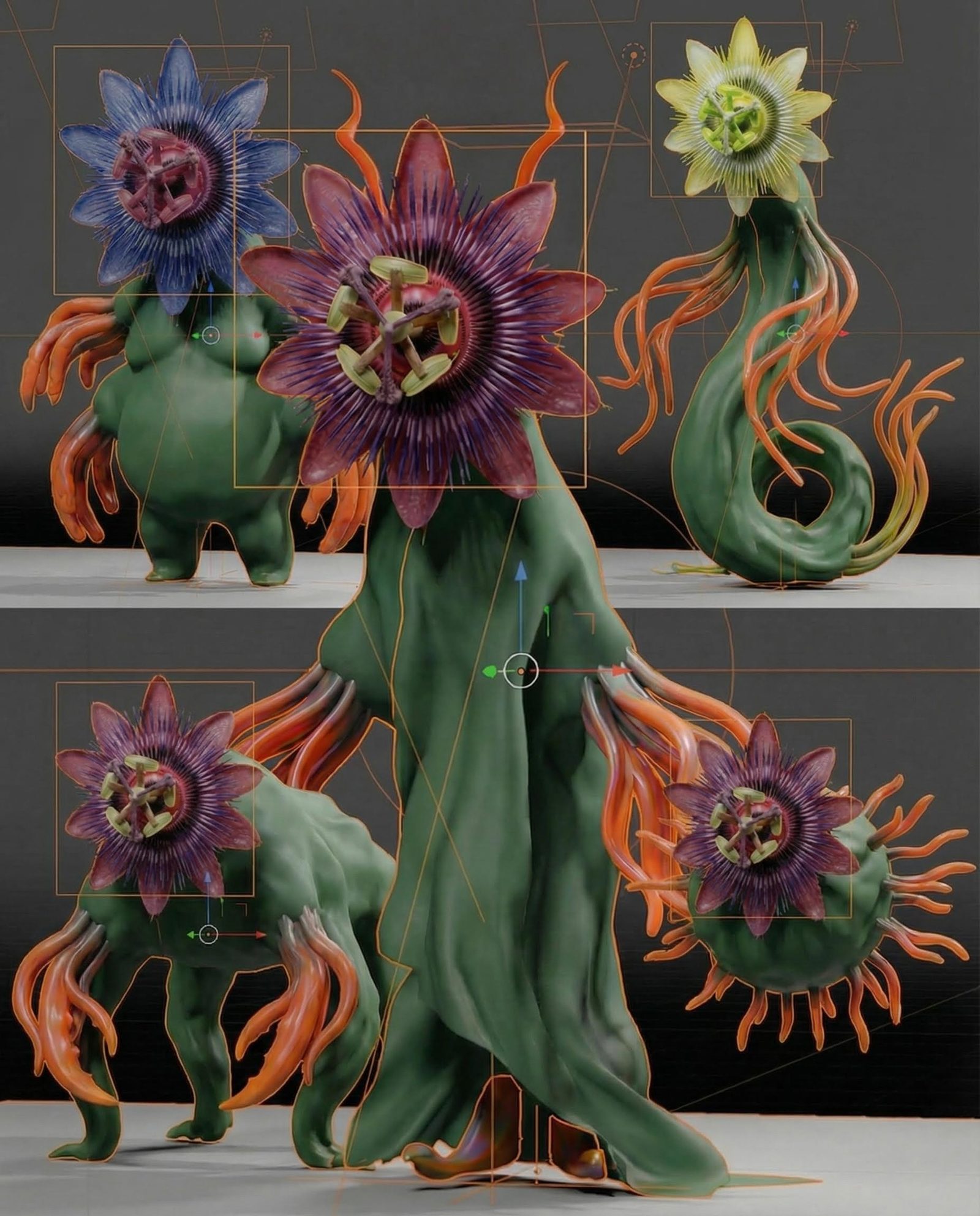 Sculptural character concept sheet of green humanoid creatures with colorful flower heads and flowing limbs.