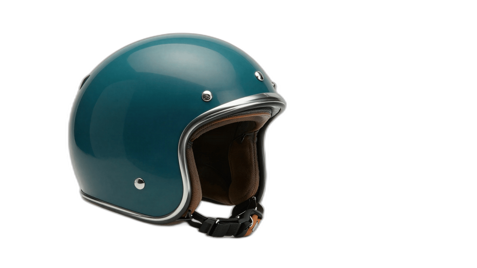 Deep teal motorcycle helmet and complete chin strap isolated at its original 2048 by 1152 resolution.