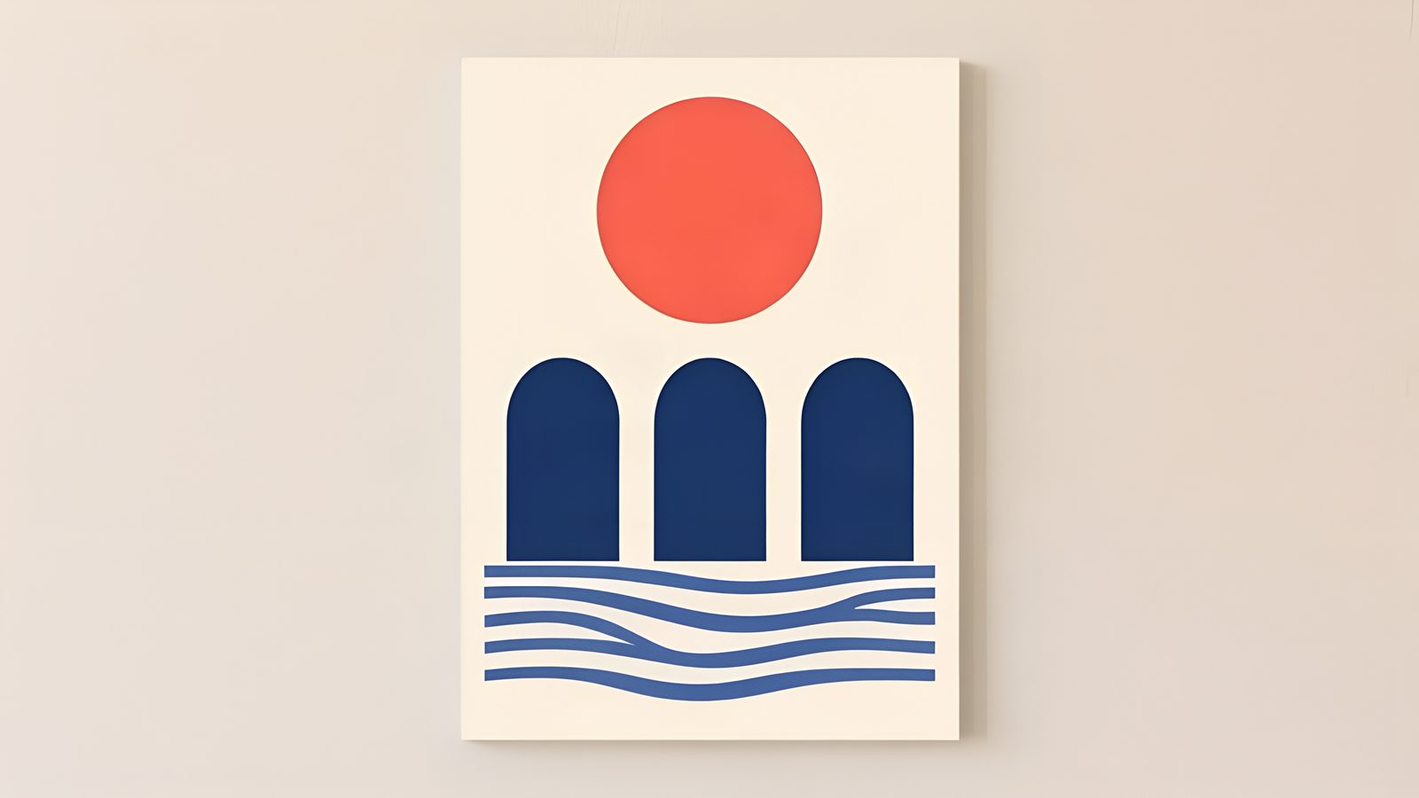Red sun, navy arches and waves artwork enlarged fourfold with Recraft Upscale.