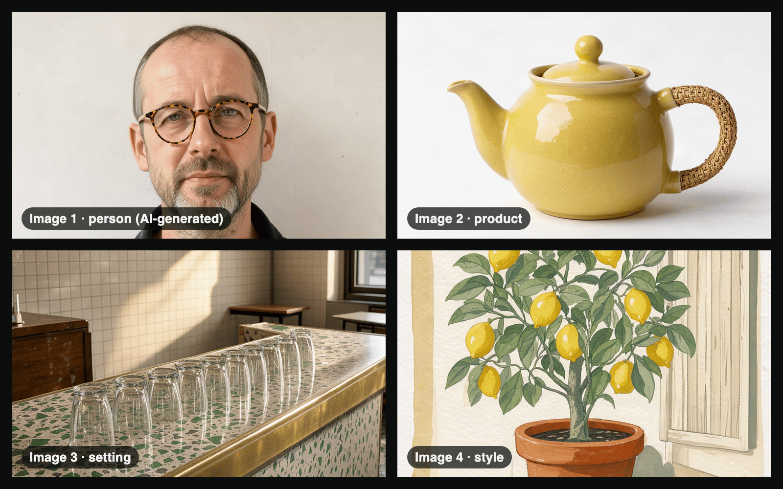 Four reference images for a multi-reference edit: an AI-generated man, a butter-yellow teapot, a terrazzo café counter and a gouache painting.