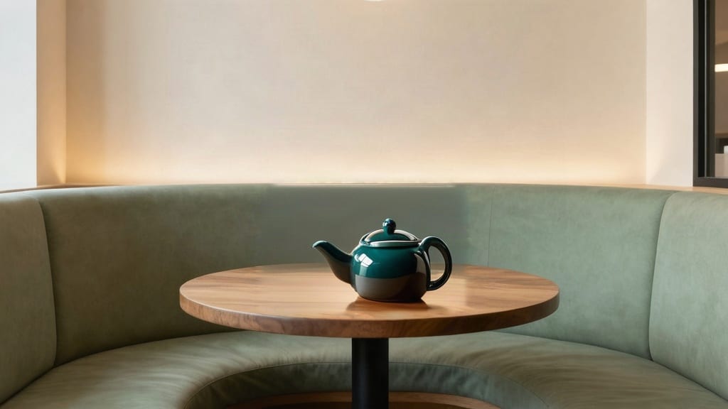 A teal ceramic teapot inserted into a cafe table photograph using SDXL Inpainting.